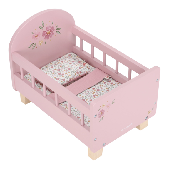 Postýlka pro panenky dřevěná s peřinkou Pink Little Dutch