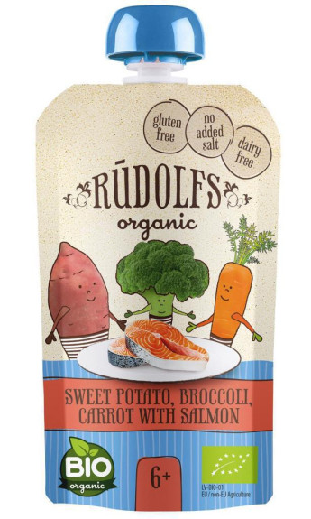 BIO kapsička, Batáty, brokolice, mrkev s lososem 110 g Rudolfs