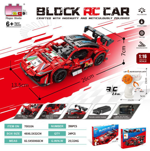 Stavebnice Auto červené RC na dálkové ovládání 26 cm