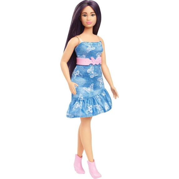 Barbie modelka - modré šaty s motýlky
