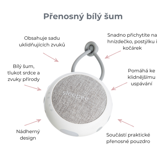 Přenosný bílý šum se zvuky deště, přírody a tlukotu srdce Sleepee