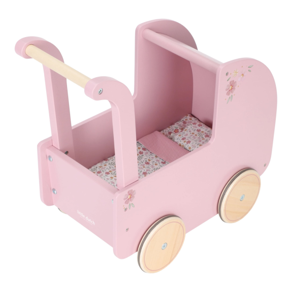 Kočárek pro panenky dřevěný s peřinkou Pink Little Dutch