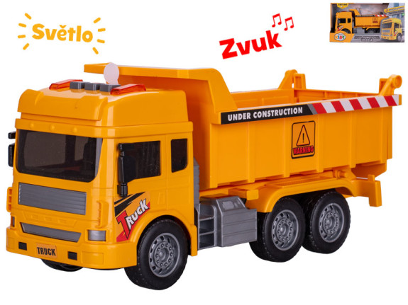Auto stavební sklápěčka 27 cm na setrvačník na baterie se světlem a zvukem