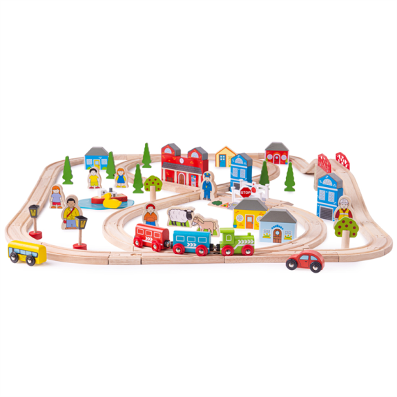 Dřevěná vláčkodráha město a vesnice 91 dílů Bigjigs Rail