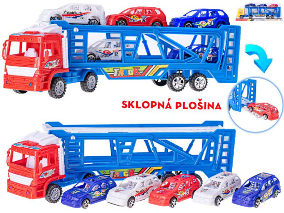 Přepravník aut 38 cm na setrvačník s auty 5 ks volný chod