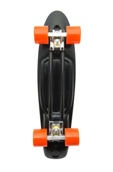 Skateboard - pennyboard 60cm, nosnost 90kg, kovové osy, černá barva, oranžová kola
