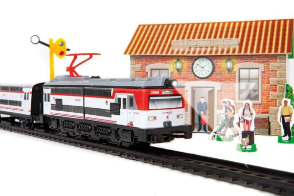 Pequetren 685 Příměstský vlak Renfe se stanicí a čepicí výpravčího