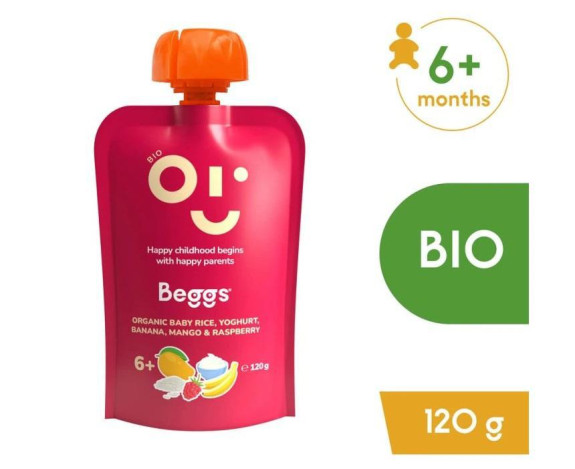 Beggs BIO Dětská rýže s jogurtem, banánem, mangem a malinami (120 g)
