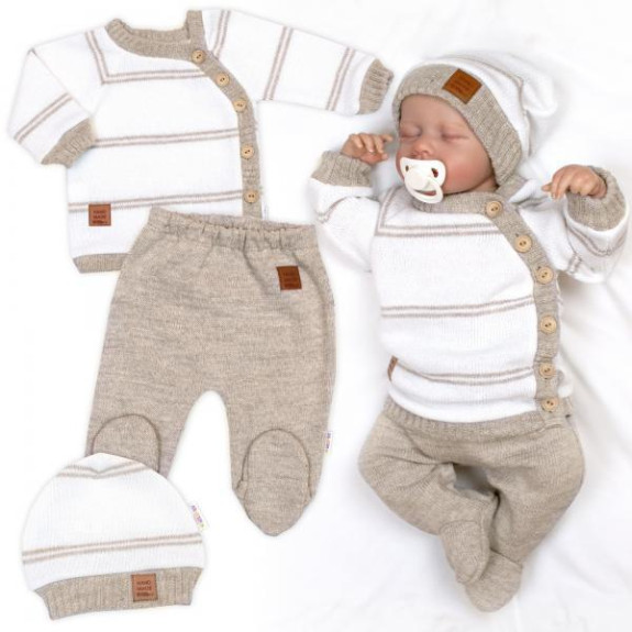 Pletená sada pro miminko s jemným proužkem 3dílná lux béžová - bílá Baby Nellys