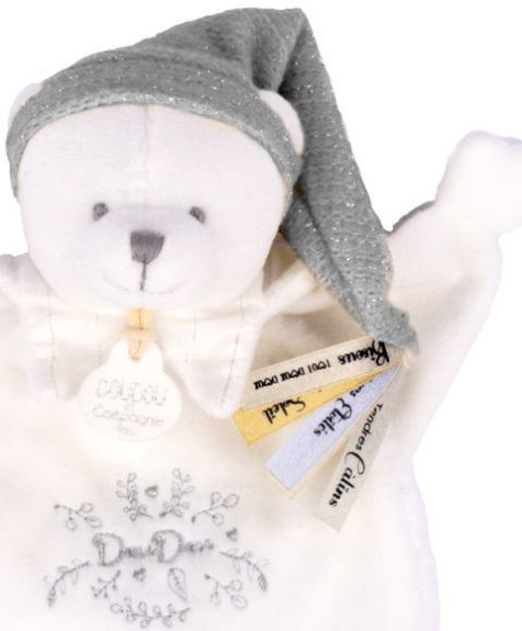 Dárková sada Plyšový muchláček medvídek s čepičkou šedý 25 cm Doudou