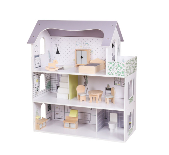 Dřevěný domeček pro panenky s nábytkem Rose Montessori Baby Mix