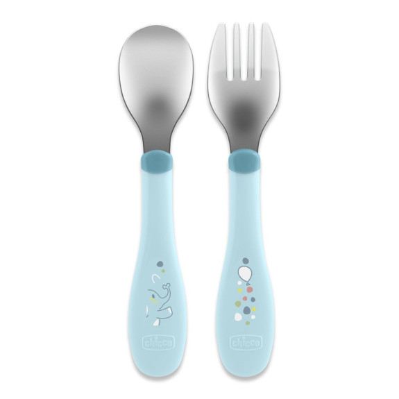 Lžička a vidlička nerez - teal 18 m+ Chicco