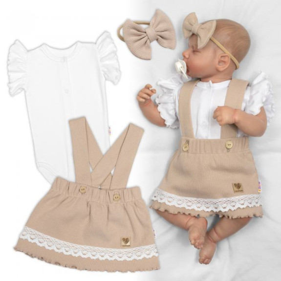 3dílná sada Lady, body, suknička s laclem, čelenka béžová/bílá Baby Nellys