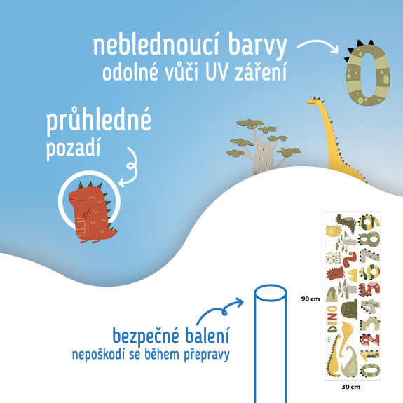 Nástěnné samolepky do dětského pokoje, Dino Numbers Sipo