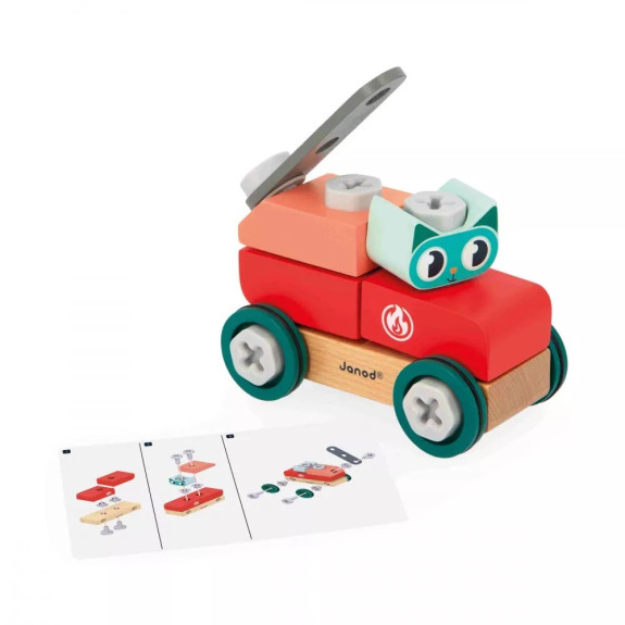 Dřevěná stavebnice BricoKids auto s nářadím Kočka 28 ks Janod