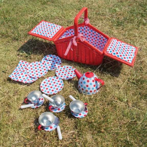 Čajová puntíkovaná sada v piknikovém koši Bigjigs Toys