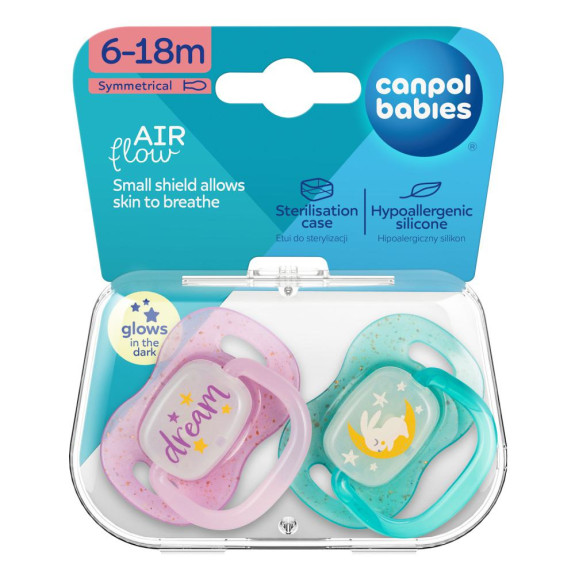 Dudlík svítící silikonový symetrický Nightglow Canpol babies 6 - 18 m 2 ks