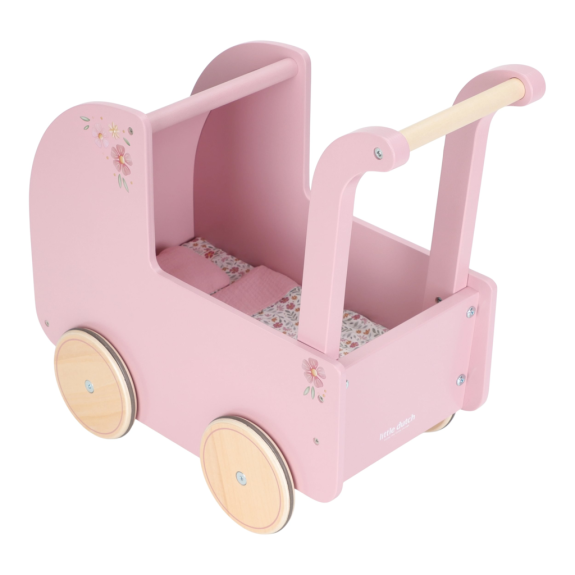 Kočárek pro panenky dřevěný s peřinkou Pink Little Dutch
