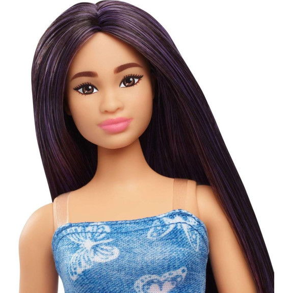Barbie modelka - modré šaty s motýlky
