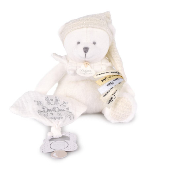 Dárková sada Plyšový medvídek s úchytem na dudlík a dečkou béžový 20 cm Doudou