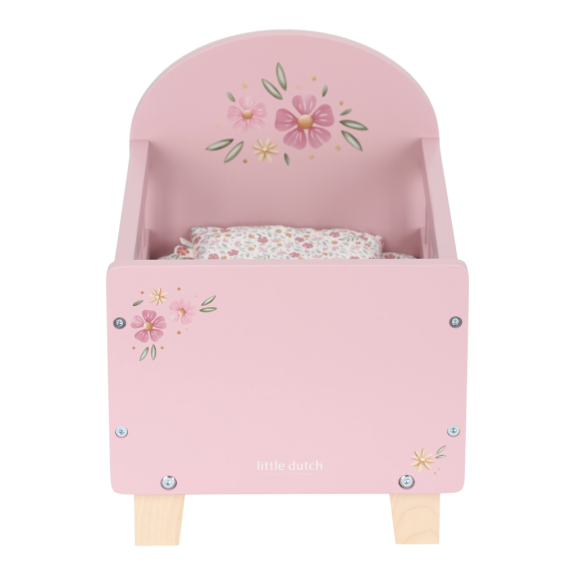 Postýlka pro panenky dřevěná s peřinkou Pink Little Dutch