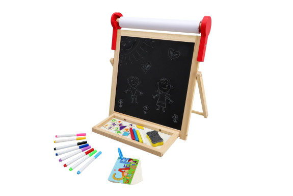 Tabule oboustranná magnetická dřevo černá/bílá 33x33cm s rolí papíru s doplňky