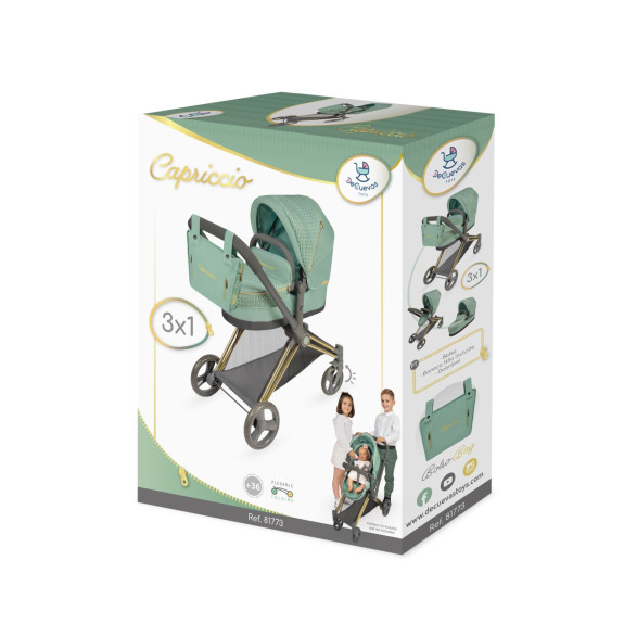 Skládací kočárek pro panenky 3 v 1 s taškou Capriccio 73 cm DeCuevas