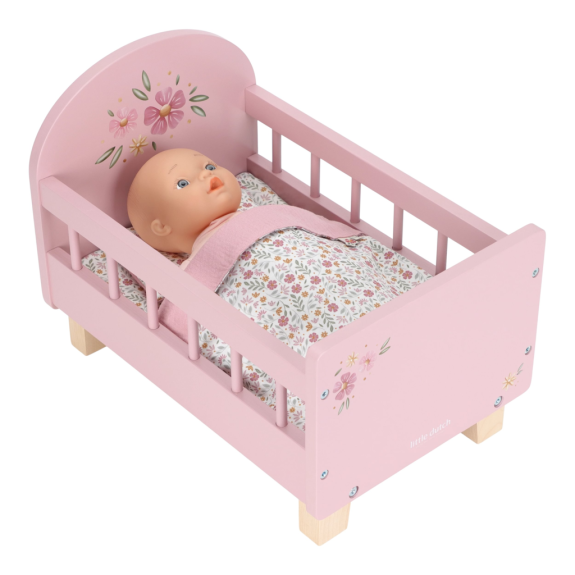 Postýlka pro panenky dřevěná s peřinkou Pink Little Dutch