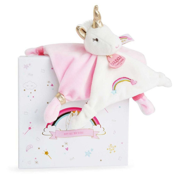 Dárková sada - plyšový muchláček jednorožec růžový 20 cm Doudou